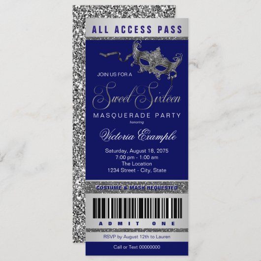 Blue Silver Sweet 16 Masquerade Party Ticket Kaart (Voorkant / Achterkant)