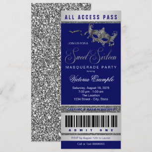 Blue Silver Sweet 16 Masquerade Party Ticket Kaart