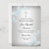 Blue Silver Swirl Butterfly & Cross Baptism Invite Kaart (Voorkant)