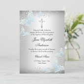 Blue Silver Swirl Butterfly & Cross Baptism Invite Kaart (Staand voorkant)