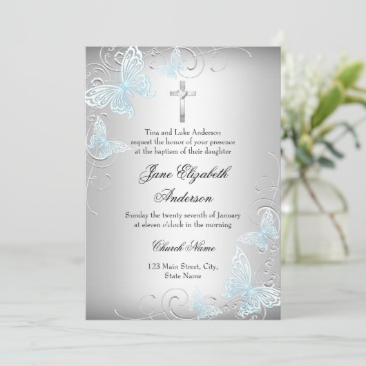 Blue Silver Swirl Butterfly & Cross Baptism Invite Kaart (Staand voorkant)