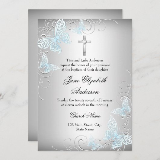 Blue Silver Swirl Butterfly & Cross Baptism Invite Kaart (Voorkant / Achterkant)