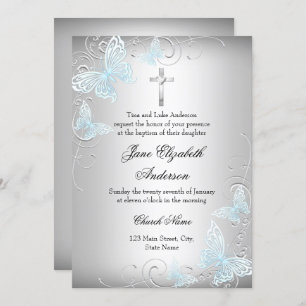 Blue Silver Swirl Butterfly & Cross Baptism Invite Kaart