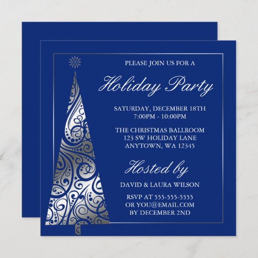Blue Silver Swirl-kerstboomfeest Kaart (Voorkant / Achterkant)