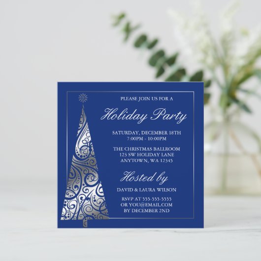 Blue Silver Swirl-kerstboomfeest Kaart (Staand voorkant)