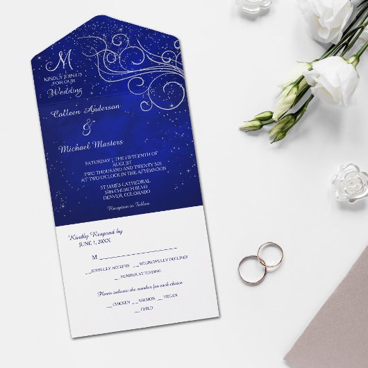 Blue Silver Swirl Monogram Foto Sjabloon Weddensch