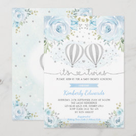 Blue Silver Twin Boys Hot Air Ballon Baby shower Kaart