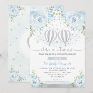 Blue Silver Twin Boys Hot Air Ballon Baby shower Kaart