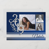 Blue Silver Varsity 2019 Afstuderen Drie Foto Kaart (Voorkant / Achterkant)