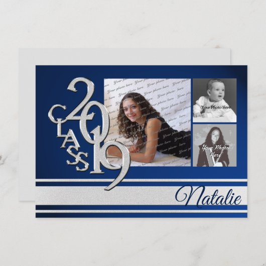 Blue Silver Varsity 2019 Afstuderen Drie Foto Kaart (Voorkant / Achterkant)