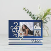 Blue Silver Varsity 2019 Afstuderen Drie Foto Kaart (Staand voorkant)