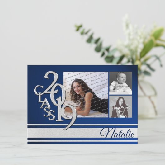 Blue Silver Varsity 2019 Afstuderen Drie Foto Kaart (Staand voorkant)