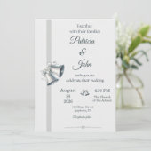 Blue Silver Wedding Bells Wedding Invitation Kaart (Staand voorkant)
