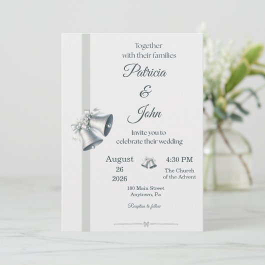 Blue Silver Wedding Bells Wedding Invitation Kaart (Staand voorkant)