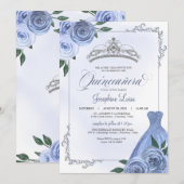 Blue Silver & White Floral Quinceañera Celebration Kaart (Voorkant / Achterkant)