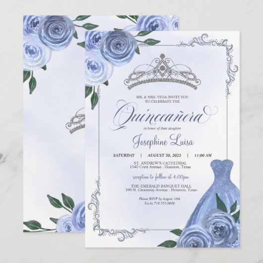 Blue Silver & White Floral Quinceañera Celebration Kaart (Voorkant / Achterkant)