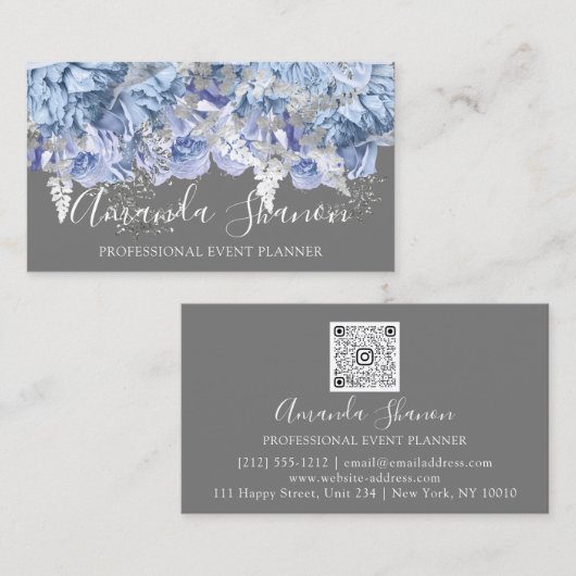 Blue Silver White Roses Event Planner QR Code Visitekaartje (Voorkant / Achterkant)