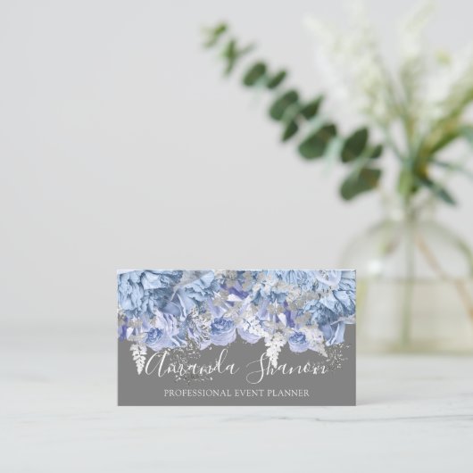 Blue Silver White Roses Event Planner QR Code Visitekaartje (Staand voorkant)