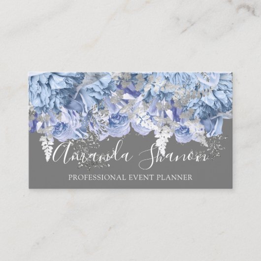 Blue Silver White Roses Event Planner QR Code Visitekaartje (Voorkant)