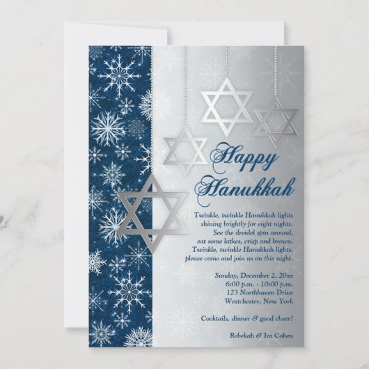 Blue Silver White Snowflakes Hanukkah Party Invite Kaart (Voorkant)