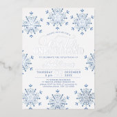 Blue silver Winter Onederland first birthday Folie Uitnodiging (Voorkant)
