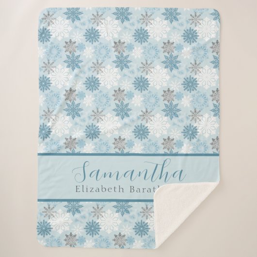 Blue & Silver Winter Snowflake Persoonlijke naam Sherpa Deken (Voorkant)
