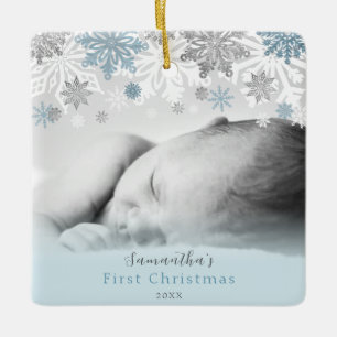 Blue Silver Winter Snowflakes Aangepaste Baby Keramisch Ornament