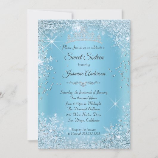 Blue Silver Winter Wonderland Sweet 16 Tiara Kaart (Voorkant)