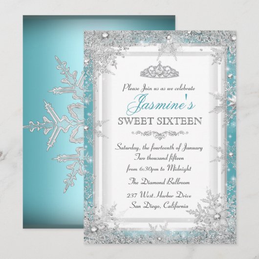 Blue Silver Winter Wonderland Sweet 16 Uitnodiging (Voorkant / Achterkant)