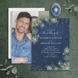 Blue Silver Winter Wood Pset Rustic Photo Wedding Kaart