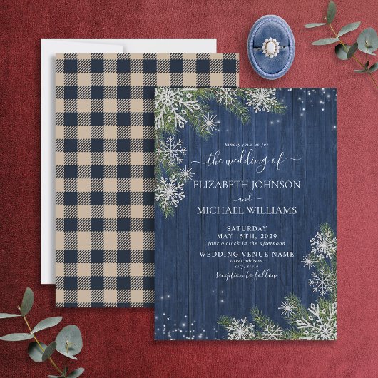Blue Silver Winter Wood Pset Rustic Wedding Kaart