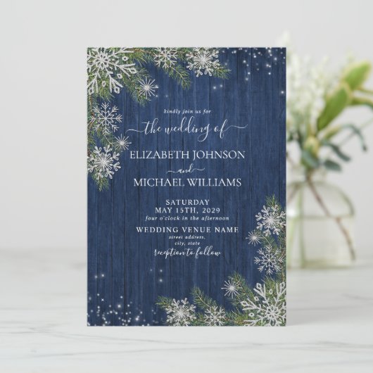 Blue Silver Winter Wood Pset Rustic Wedding Kaart (Staand voorkant)