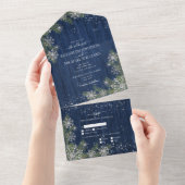 Blue Silver Winter Wood Pset Rustic Wedding +Menu All In One Uitnodiging (Afscheurbaar)