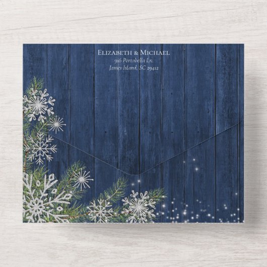 Blue Silver Winter Wood Pset Rustic Wedding +Menu All In One Uitnodiging (Achterkant)