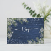 Blue Silver Winter Wood Pset Rustic Wedding +Menu RSVP Kaartje (Staand voorkant)