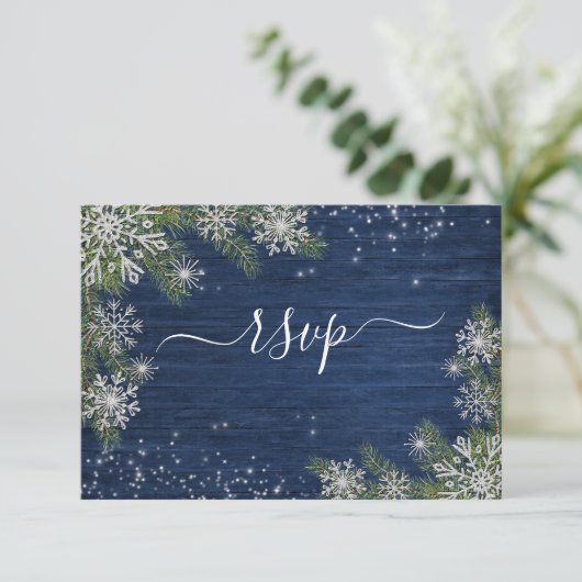 Blue Silver Winter Wood Pset Rustic Wedding +Menu RSVP Kaartje (Staand voorkant)