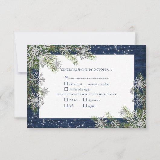Blue Silver Winter Wood Pset Rustic Wedding +Menu RSVP Kaartje (Achterkant)