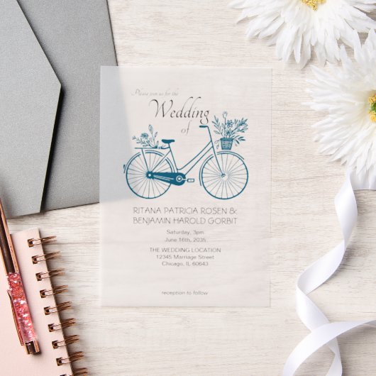 Blue Simple Bicycle Wedding Invitation Vellum Uitnodigingen (Huwelijk)