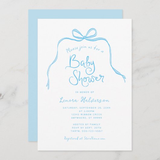 Blue Simple Bow Baby shower Invitation Kaart (Voorkant / Achterkant)