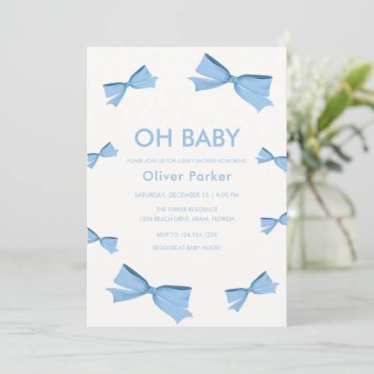 Blue Simple Bow Lijst Boy Baby shower Kaart (Staand voorkant)