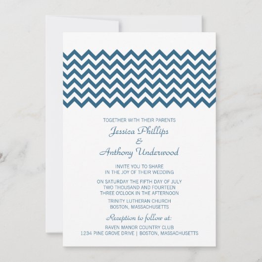 Blue Simple Chevron Wedding Invite Kaart (Voorkant)