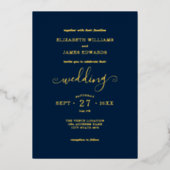 Blue Simple Elegant Wedding Gold Foil Uitnodiging (Voorkant)