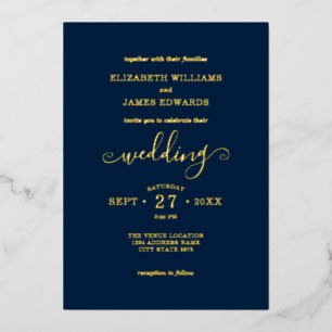 Blue Simple Elegant Wedding Gold Foil Uitnodiging