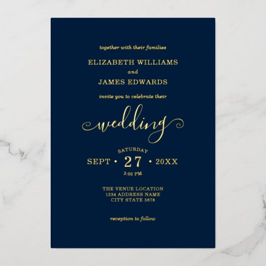 Blue Simple Elegant Wedding Gold Foil Uitnodiging (Voorkant)
