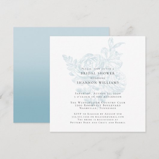 Blue Simple Floral Bridal Shower-uitnodiging Kaart (Voorkant / Achterkant)