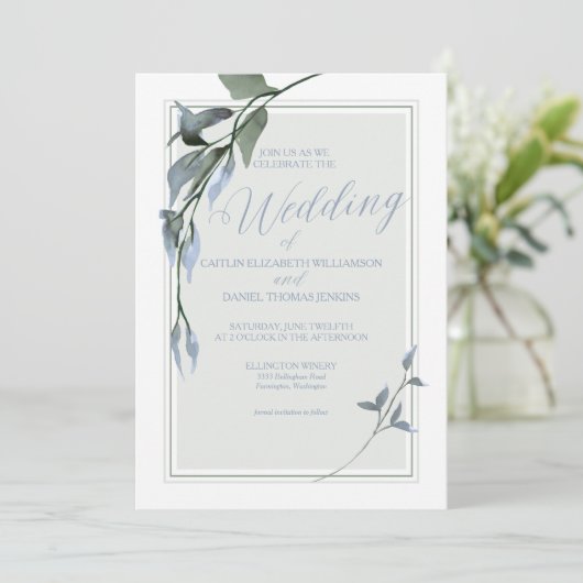 Blue Simple Floral Wedding Kaart (Staand voorkant)