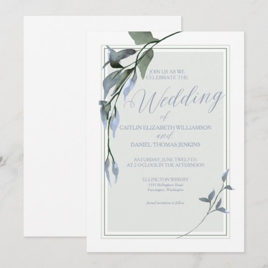 Blue Simple Floral Wedding Kaart (Voorkant / Achterkant)