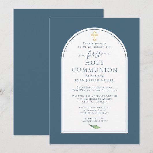 Blue Simple Gold Cross First Heilige Communie Kaart (Voorkant / Achterkant)
