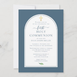 Blue Simple Gold Cross First Heilige Communie Kaart