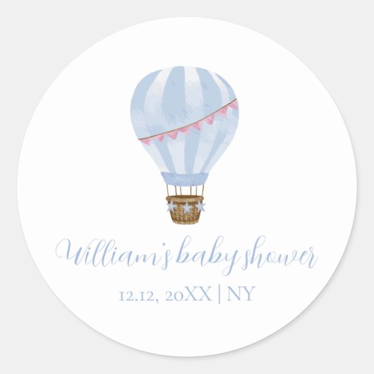 Blue Simple Hot Air Balloon Boy Baby shower Ronde Sticker (Voorkant)